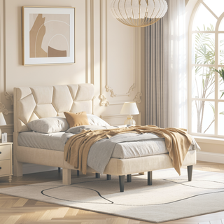 Sunvega Queen Bed Frame with Linen Storage Headboard Strong and Stable No Noise
