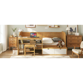Sunvega Natural Wooden Twin Size Daybed with Storage Shelves and Study Desk