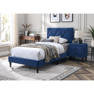 Sunvega Navy Blue Velvet Upholstered Twin Size Bed with Tufted Headboard