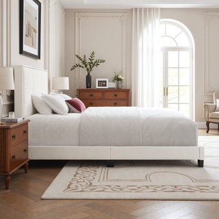 Sunvega Plush Velvet Upholstered Platform Bed with Nailhead Trim and Padded Headboard