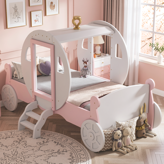 Sunvega Twin Size Princess Carriage Bed with Crown Wood Platform and Stair
