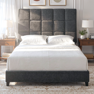 Sunvega Queen Size Upholstered Platform Bed with Grey Squares and Polyester Fabric