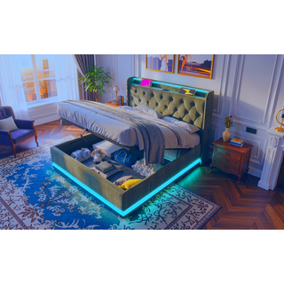 Sunvega Full Size Upholstered Bed with 360 LED Lighting Hydraulic Storage and USB Charging