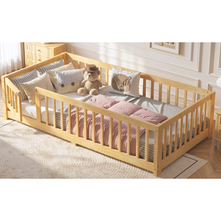 Sunvega Twin Size Floor Bed with Safety Guardrails and Door for Kids in Natural