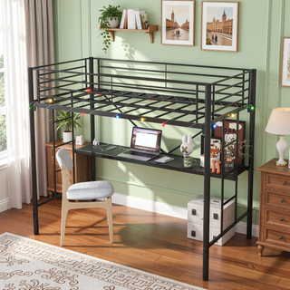 Sunvega Sturdy Metal Twin Loft Bed with Guardrails and Storage Steps