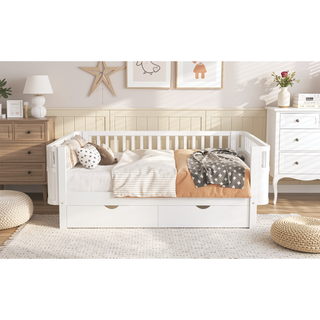 Sunvega Full Size Wood Platform Bed for Kids with Rails and Storage Drawers