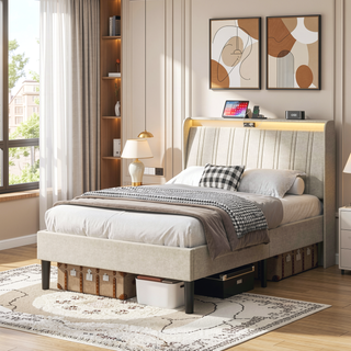 Sunvega Full Size Upholstered Platform Bed Frame with Headboard and USB Charging
