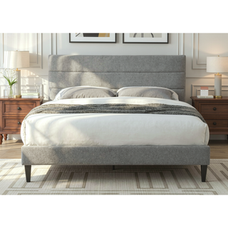 Sunvega Queen Upholstered Pleated Bed in a Box with Sturdy Dark Brown Frame