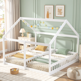 Sunvega Twin Size House Shaped Platform Beds with Safety Guardrails and Roof