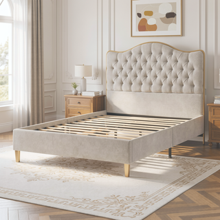 Sunvega Upholstered Queen Bed Frame with Tufted Headboard and Curved Design