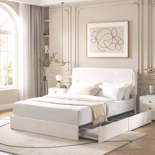 Sunvega Queen Size Ivory Boucle Upholstered Platform Bed with 4 Storage Drawers