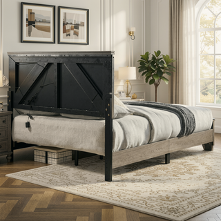 Sunvega Modern Design Queen Size Bed with LED Light Headboard and Weathered Gray Finish