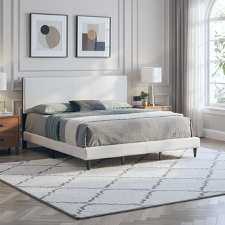 Sunvega White Faux Leather Upholstered Queen Bed with Adjustable Headboard