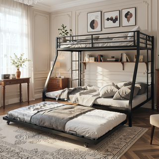Sunvega High-Stability Square Tube Bunk Bed with Ladder & Rolling Trundle for Home Dormitory