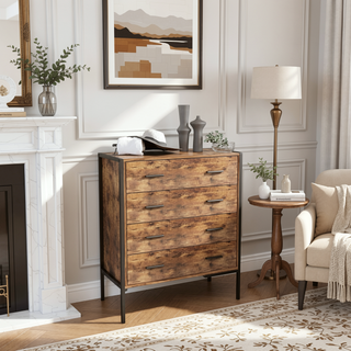 Sunvega Industrial Rustic Brown Wood Dresser with 4 Drawers and Steel Frame