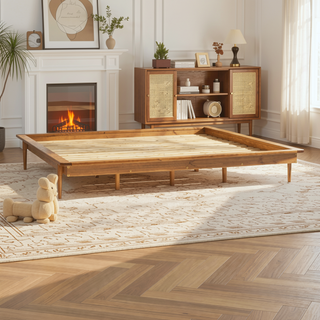 Sunvega Mid-Century Modern King Platform Bed Frame in Caramel Solid Pine Wood