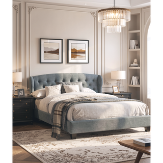 Sunvega Modern Contemporary Wing Back Button Tufted Adjustable Headboard Queen Size Bed