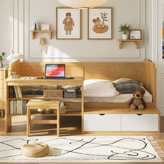 Sunvega Natural Wooden Twin Size Daybed with Storage Shelves and Study Desk