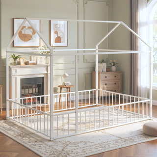 Sunvega Full Size Playhouse Metal Bed Frame with Fence for Kids and Teens