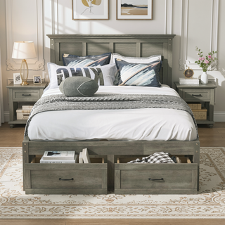 Sunvega Antique Natural Queen Size Platform Bed with 6 Spacious Storage Drawers