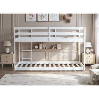 Sunvega Twin over Twin Solid Wooden Bunk Bed with Ladder and Strengthened Slats