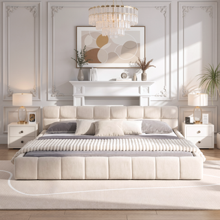 Sunvega Elegant Beige Chenille Upholstered King Bed with Checkerboard Headboard