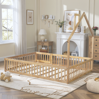 Sunvega White Wood House Platform Bed with Guardrail for Kids Full Size