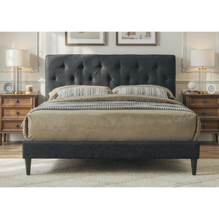 Sunvega Queen Upholstered Pleated Bed in a Box with Sturdy Dark Brown Frame