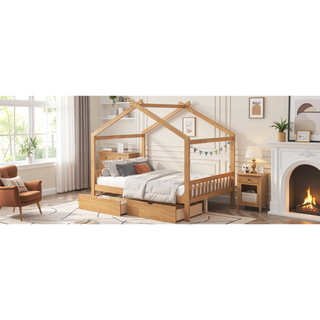 Sunvega Natural Wood Full Size House Platform Bed with Two Storage Drawers