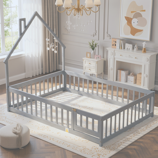 Sunvega Full Size House Shaped Headboard Floor Bed with Safety Fence Guardrails