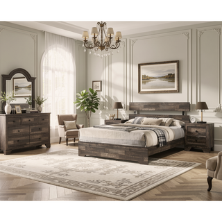 Sunvega Rustic Queen Platform Bed Slat Headboard with Brown Finish Wood Veneers
