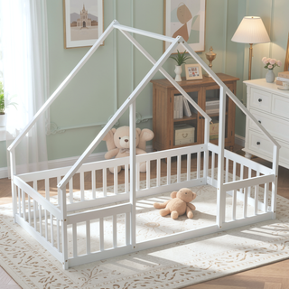 Sunvega Twin Wood House Floor Bed with Guardrail Fence in Grey