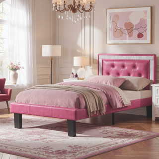 Sunvega Pink Faux Leather Upholstered Full Size Bed with Tufted Headboard