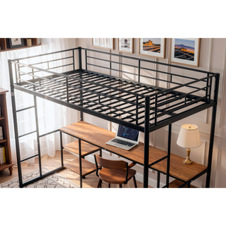 Sunvega Sturdy Metal Twin Size Loft Bed with Built-in Desk and Shelves