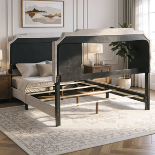 Sunvega Art Deco Inspired Queen Panel Bed with Nailhead Trim and Matte Metallic Finish