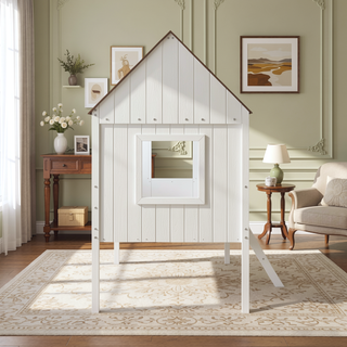 Sunvega Twin Size Low Loft Wood House Bed with Two Side Windows for Kids Playhouse