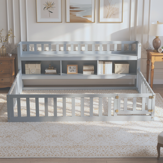Sunvega Kids Wooden House Frame Twin Floor Bed for Safe Play and Sleep
