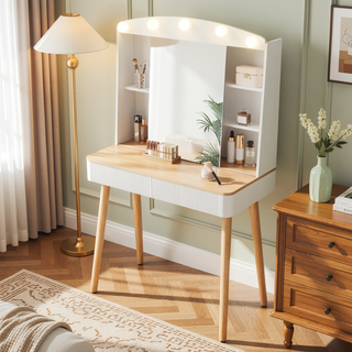 Sunvega White Vanity Desk with Mirror Lights Sliding Mirror and Two Fluted Drawers
