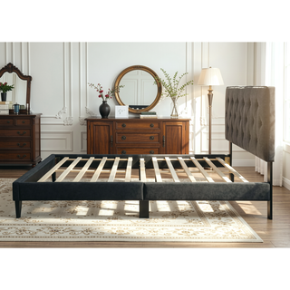 Sunvega Queen Upholstered Pleated Bed in a Box with Sturdy Dark Brown Frame