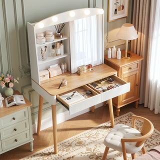 Sunvega White Vanity Desk with Mirror Lights Sliding Mirror and Two Fluted Drawers