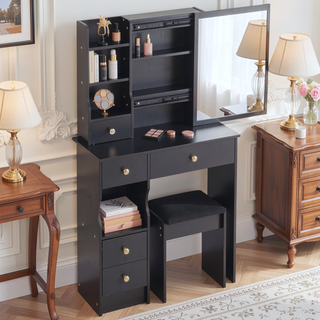 Sunvega Small Space Vanity Table with Cushioned Stool and Extra Large Sliding Mirror