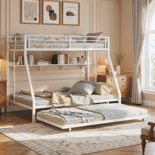 Sunvega High-Stability Square Tube Bunk Bed with Ladder & Rolling Trundle for Home Dormitory