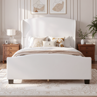 Sunvega Queen Size Linen Upholstered Wingback Bed with 51" High Headboard No Box Spring Needed