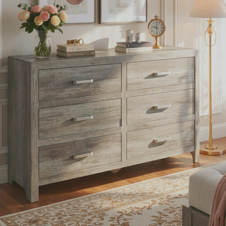 Sunvega Weathered Gray Finish 6 Drawer Dresser Faux Wood Veneer Bedroom Furniture