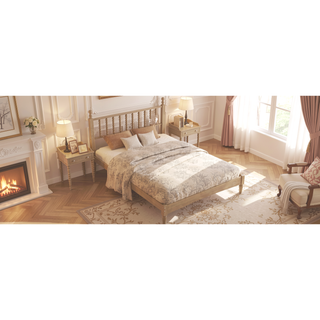 Sunvega Retro Style Queen Size Wood Platform Bed with Gourd Shaped Headboard and Slat Support