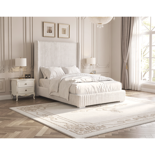 Sunvega Contemporary White Fur Chenille Fabric Mattress Ready Queen Size Bed