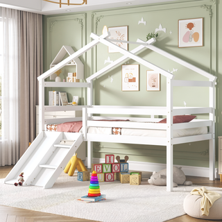 Sunvega Twin Low Loft House Bed with Slide Ladder Safety Guardrails and Roof Frame