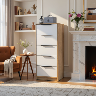 Sunvega White Pine Modern 5 Drawer Vertical Dresser for Narrow Spaces