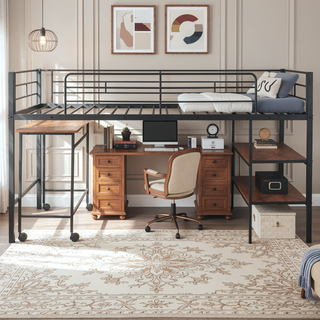 Sunvega Twin Size Metal Loft Bed with Desk, Shelves, and Full Guardrail