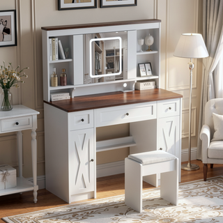 Sunvega Makeup Vanity Desk with Sliding Mirror Dimmable Lights and Charging Station
